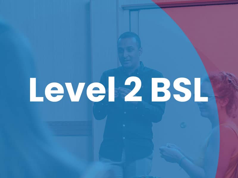 A person stands and gestures with hands in a classroom setting. The words "Level 2 BSL" are overlaid in large text.