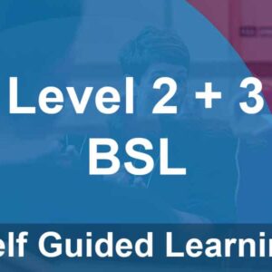 Text reads: "Level 2 + 3 BSL Self Guided Learning" over a blue-tinted background showing people in conversation.