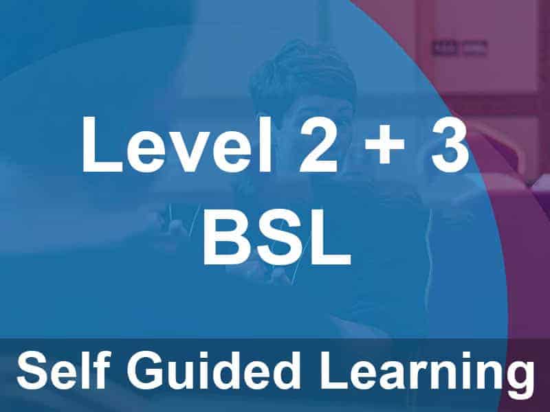 Text reads: "Level 2 + 3 BSL Self Guided Learning" over a blue-tinted background showing people in conversation.
