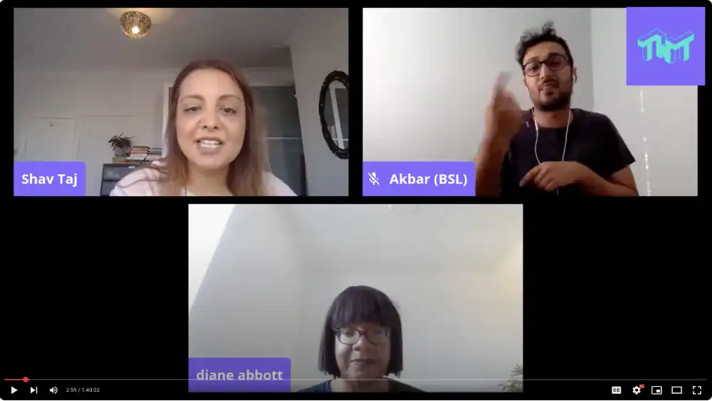 A video call with three participants: Shav Taj (top left), Akbar (BSL interpreter, top right), and diane abbott (bottom center).