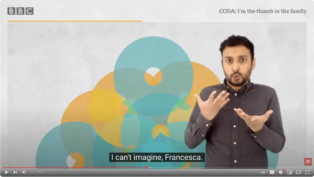 A man gestures with his hands in front of overlapping circles on a grey background. BBC and episode information are displayed at the top; subtitles read, "I can't imagine, Francesca.